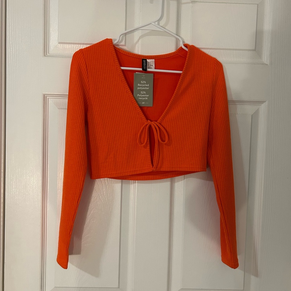 Orange Ribbed V-Neck Crop Top